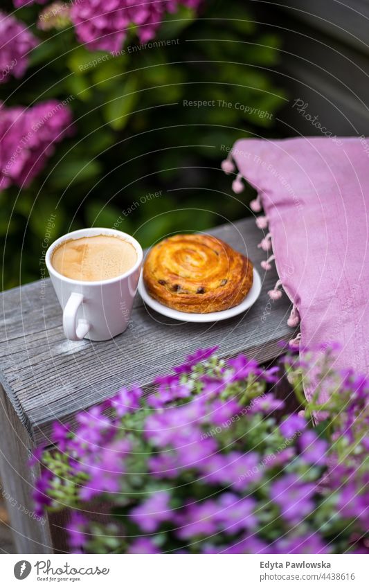 Coffee with cake in the garden coffee coffee cup drink food fresh freshness cafe beverage mug hot breakfast restaurant morning lifestyle closeup delicious