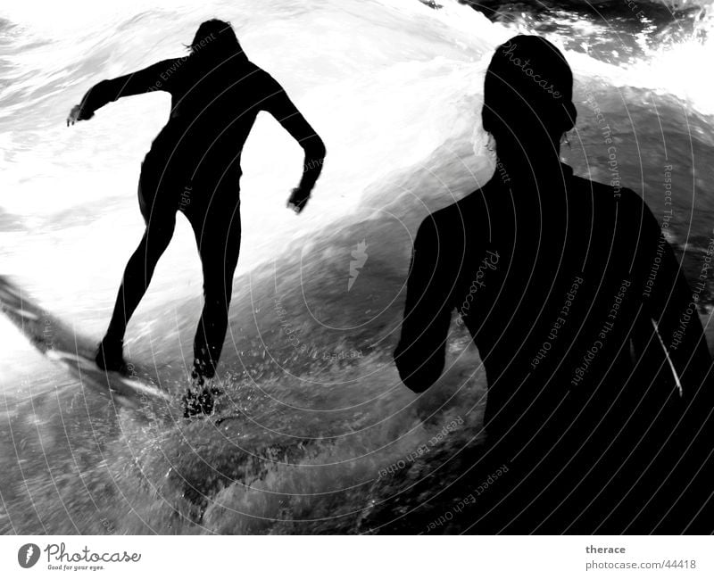 shadowsurfer Black & white photo Exterior shot Shadow Silhouette Full-length Life Surfing Surfboard Waves Sports Aquatics Human being 2 Water Waterfall Munich