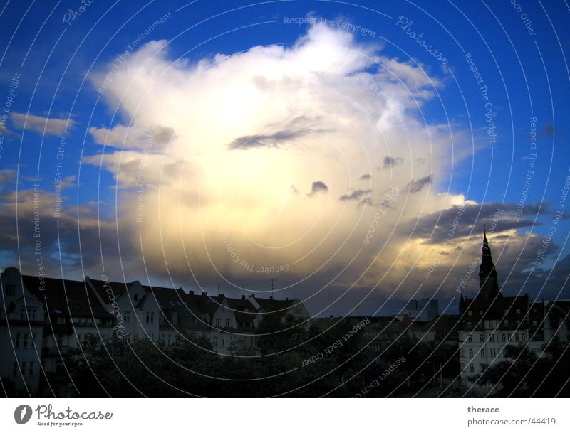 huge portion Sky White Clouds Might House (Residential Structure) Leipzig Gohlis Absorbent cotton Cumulus Blue Large Gigantic oversized Street Looking view