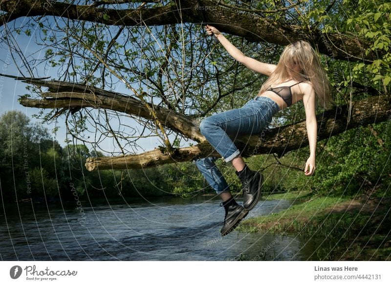 A gorgeous girl dressed in blue jeans and a black bralette is getting all wild in wild nature near the river bank. Riding this branch on a sunny summer day. Her sexiness and free spirit are all over this image.