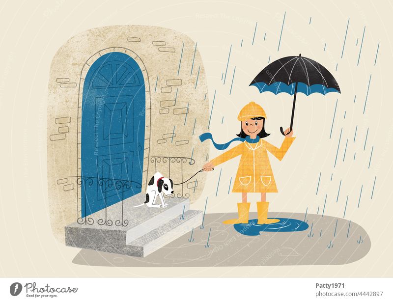 Retro style illustration of a girl with umbrella trying to walk her reluctant puppy in the rain Girl Dog Rain Umbrella Walk the dog Bad weather refusal