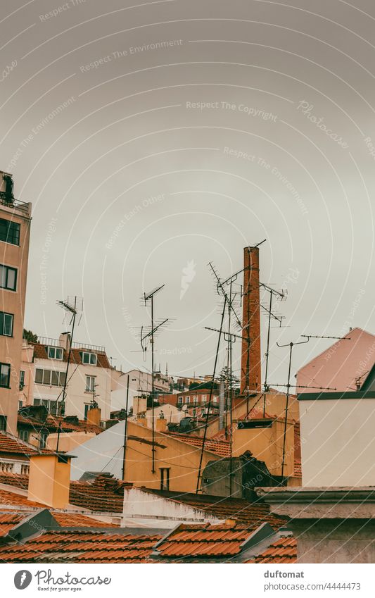 View of antennas and houses in backyard of Lisbon Old building Backyard Southern Upward Roof House (Residential Structure) Attic story Vent Architecture