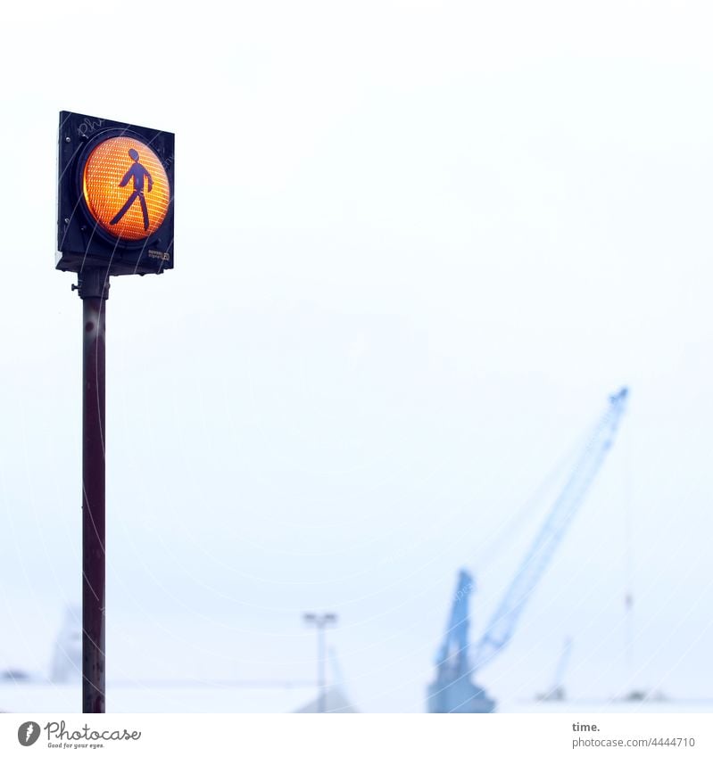 Signs | Highway Road sign Pedestrian traffic light Illuminate Crane foggy hazy Street crossing Caution esteem Passenger traffic Pictogram Pole fixed Harbour