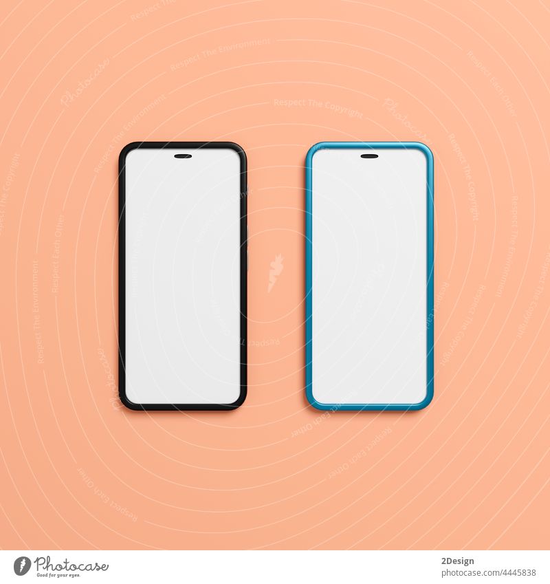 Two smart phone with blank screen on pink background. 3d rendering display electronic mockup two app device mobile smartphone empty isolated modern technology