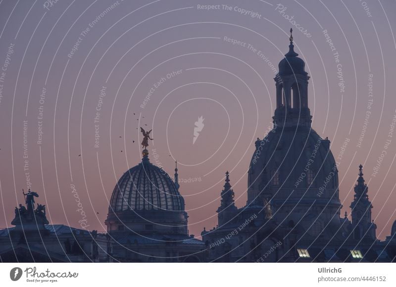 Dresden, Saxony, Germany: Silhouette of the domes of Frauenkirche Church and Academy of Fine Arts ("Kunsthochschule") in the twilight of the evening. church
