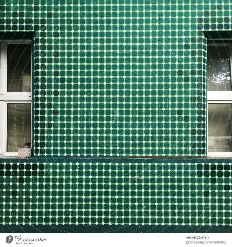 Falling off the grid Flat (apartment) at home small-minded Green tiles Facade Window symmetry Symmetry Living or residing Building Architecture Exterior shot