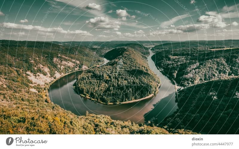 Saar loop in late summer Saarland River river bend Highlands Landscape Mountain Water Forest Panorama (View) Sky Vacation & Travel Clouds Tourism Exterior shot