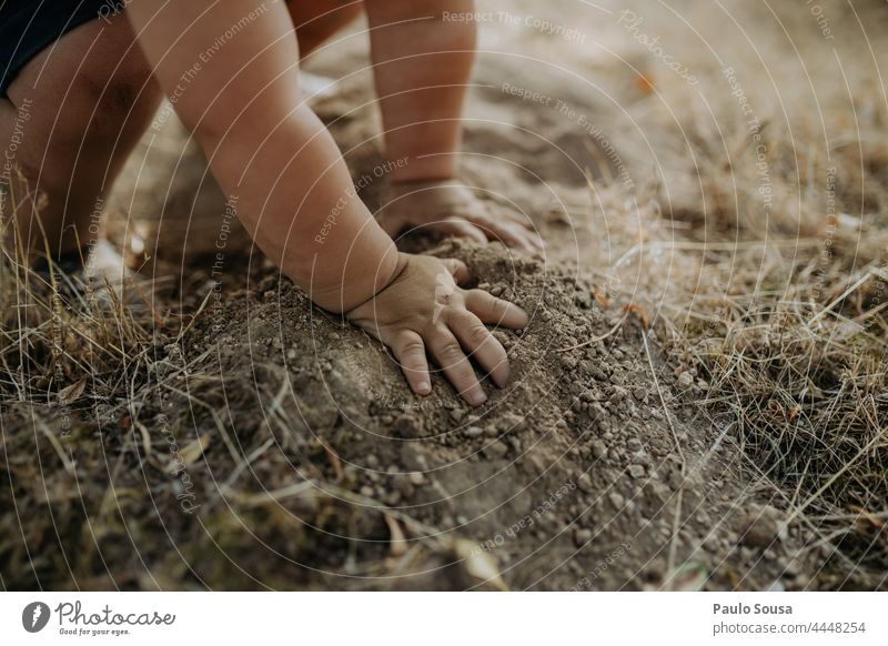 Close up child hands playing with soil Child childhood Close-up Hand Playing explore Curiosity Nature Environment Happiness Joy Infancy Exterior shot
