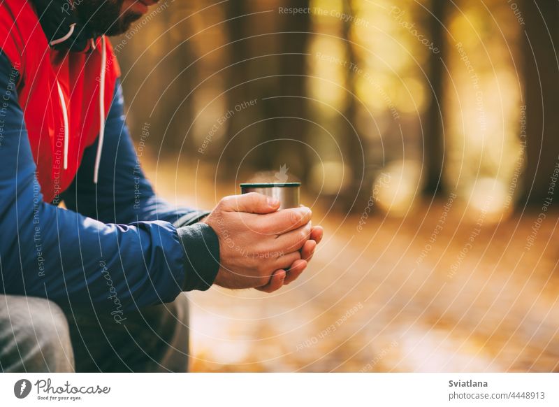 Close-up of a man's hands with a cup of hot drink in an autumn park or forest tea bench coffee fall traveler outdoor handsome casual nature person male season