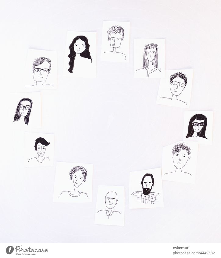 faces Face people Circle Round Woman Man Many Earmarked Drawing Art Copy Space background White whiter women portrait portraits Funny Drawings Human being group