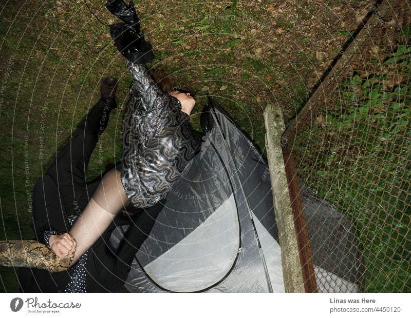 You spin me round and round. A girl with a shiny dress says to a man in a black costume. A Rusty fence and a tent are in the corner. The wild girl has enormously long and sexy legs while the image itself is rotated upside down.