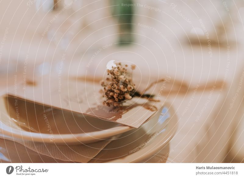 selective focus on wedding details on the table at restaurant accessory background beautiful beauty beige bloom blossom bouquet bridal bride brown celebration