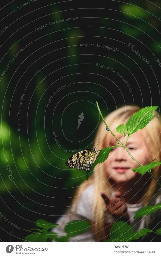 Girl in nature discovers a butterfly Child Nature Discover Butterfly spellbound Observe Cute Curiosity Toddler Environment Environmental protection Animal