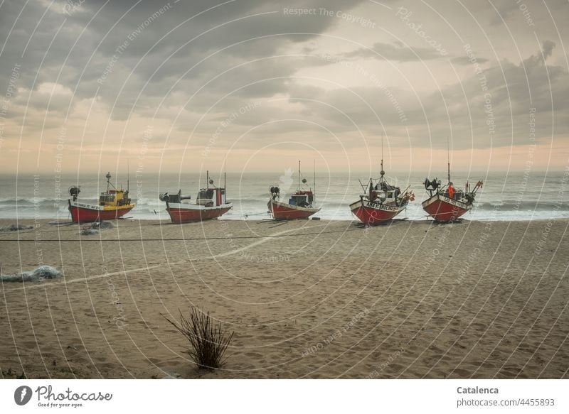 Fishing boats on the beach in rainy weather Ocean Water Beach Landscape Sand coast Waves Horizon Nature Clouds Orange Yellow Gray Rain fishing