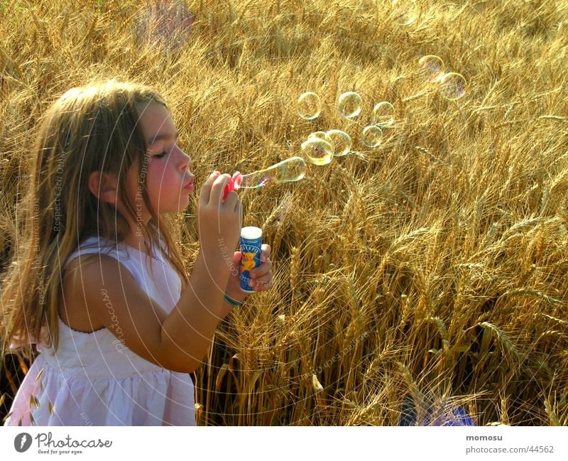 ...blown into the field Girl Soap bubble Field Child Dream Dreamily Grain Hair and hairstyles
