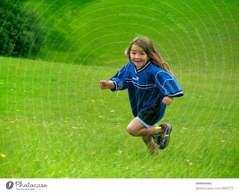 pure life Child Girl Meadow Green Playing Life Energy industry Joy Walking Running Laughter