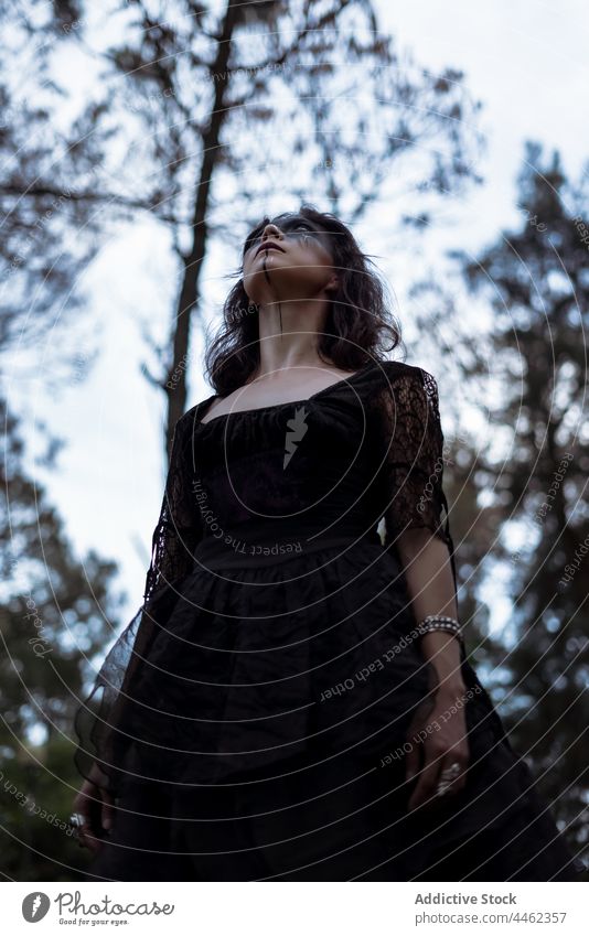 Witch in black dress in dark forest witch gloomy mystic fantasy magic dramatic enchantress gothic woman female mystery witchcraft spooky woods halloween creepy
