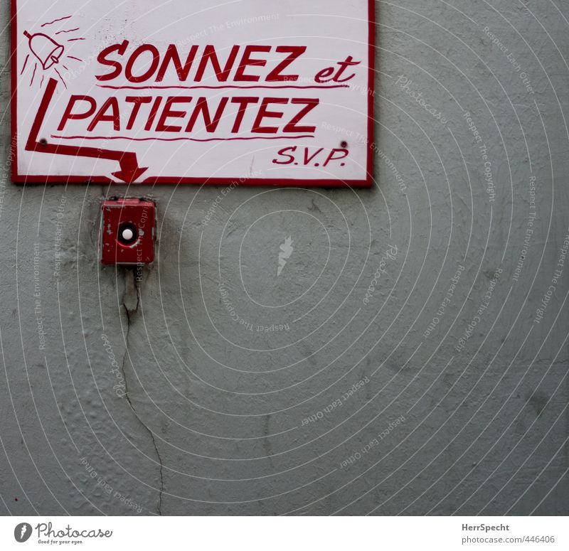 Ring the bell & be patient Concrete Characters Signs and labeling Signage Warning sign Wait Gray Red White Bell Patient Desire Arrow Self-made Painted Paper
