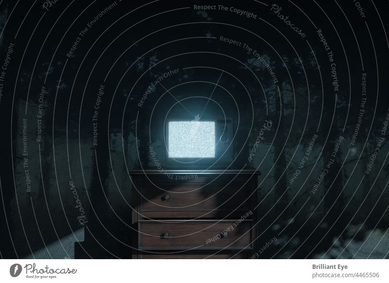 old TV with picture interference is illuminated by moonlight. Concept haunting the room 3D rendering Abstract on one's own background Blue Bright concept Creepy