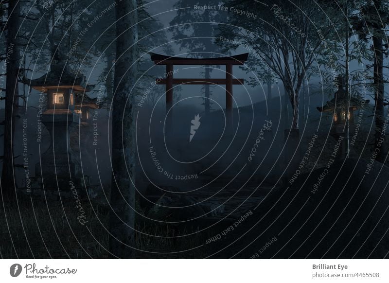 old japanese shrine with torii gate and stone lanterns at night 3D rendering Ancient Architecture Asia background Dark Fog foggy Forest Gate Historic Holy Japan