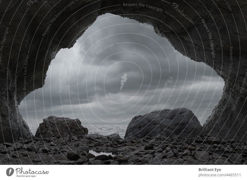 Cave overlooking sea with cloudy sky 3D Arch Bay Loneliness Cliff coast Dark Death Destination Dramatic Exposure Horror human Landscape Moody naturally Nature