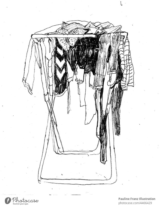 Pencil drawing of a chaotically hung clothes horse sketch black-and-white everyday life Household Cotheshorse Laundry Washer Flat (apartment) garments havoc