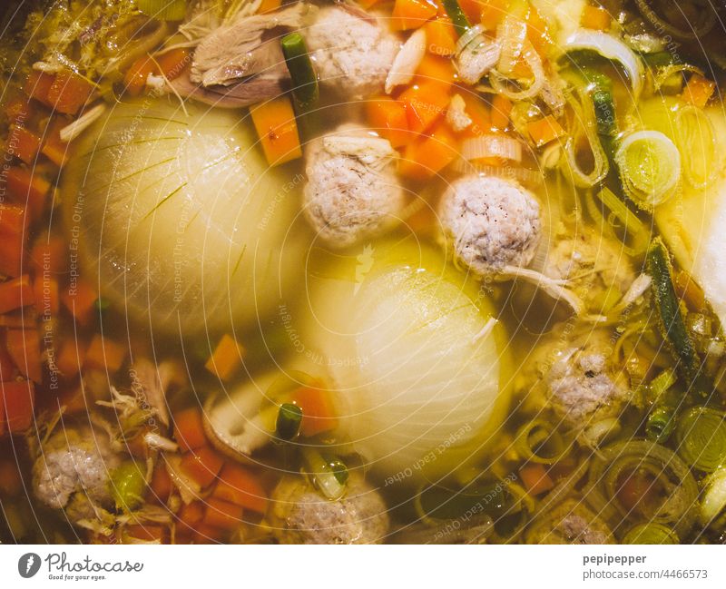 Soup stew Stew Stew meat Vegetable Vegetable soup Food Colour photo Nutrition Lunch meatballs Organic produce Healthy Eating Diet Pot Bird's-eye view