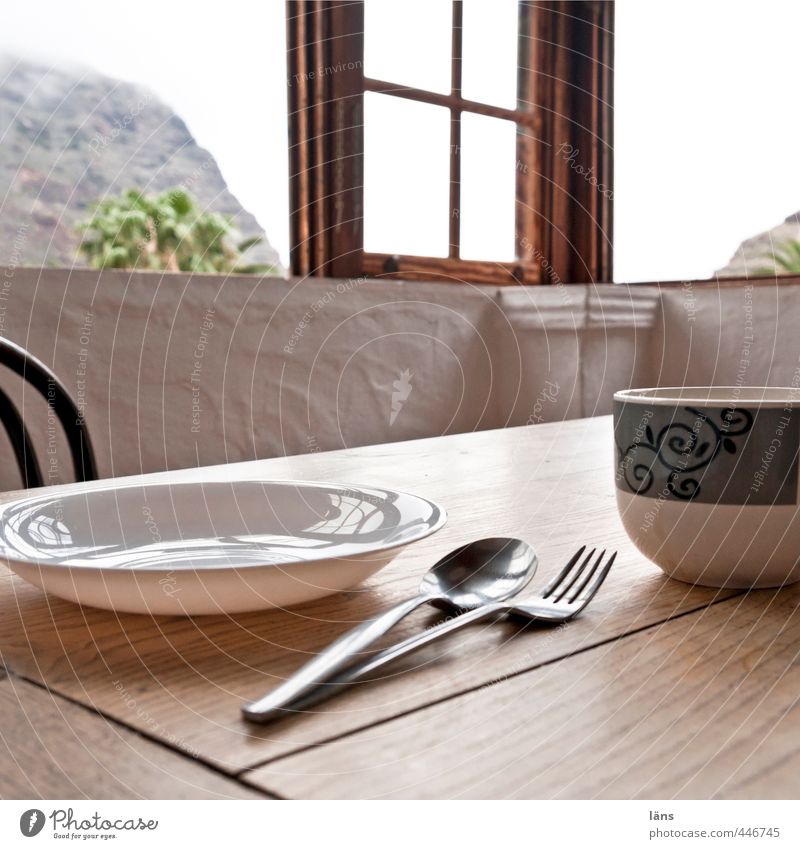 dining place Crockery Plate Cup Cutlery Fork Spoon Table Window Wood Touch Appetite Dinner table View from a window Window transom and mullion Heaven