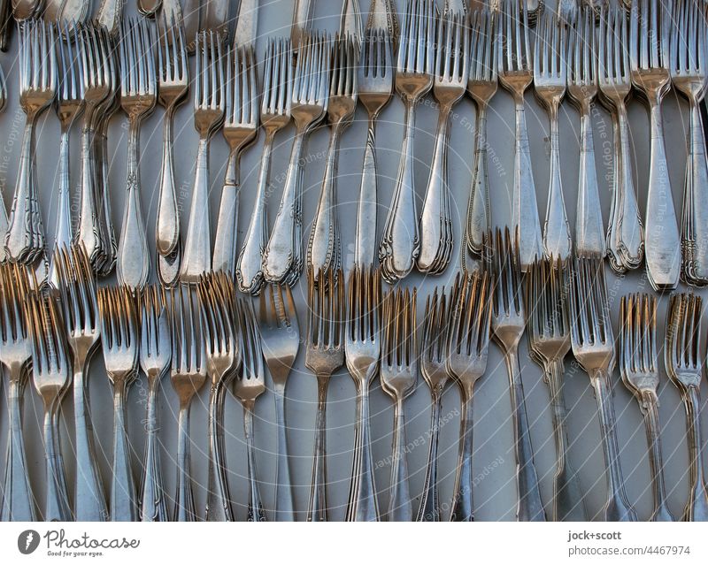Old miscellaneous forks sorted row by row Cutlery Fork Chrome Metal Row Many Classification Silver variation Similar Collection Glittering Design Dinner fork