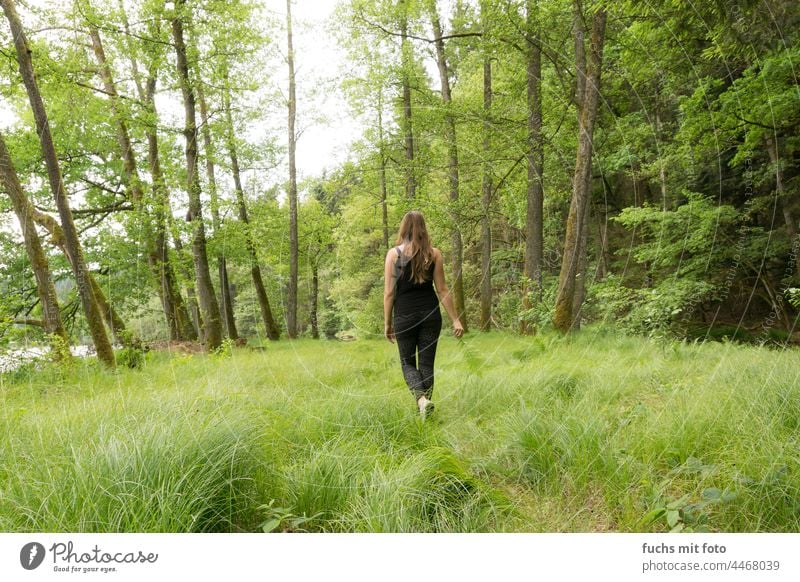 Young woman walking across a meadow in a forest, woman in nature Nature Woman Forest Meadow outdoor Back long hairs Brunette Leggings To go for a walk Green