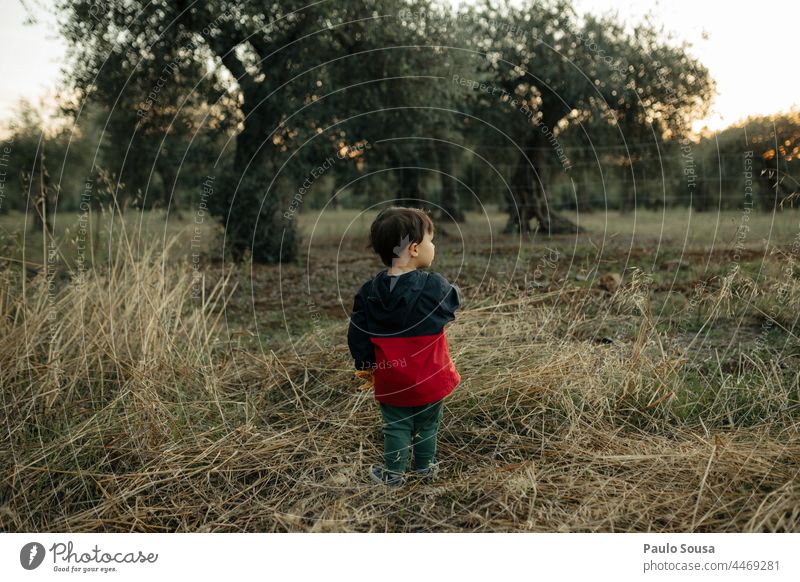 Child standind in the fields childhood Rear view Caucasian warm clothes Autumn Authentic Lifestyle Nature Human being Exterior shot Colour photo Infancy