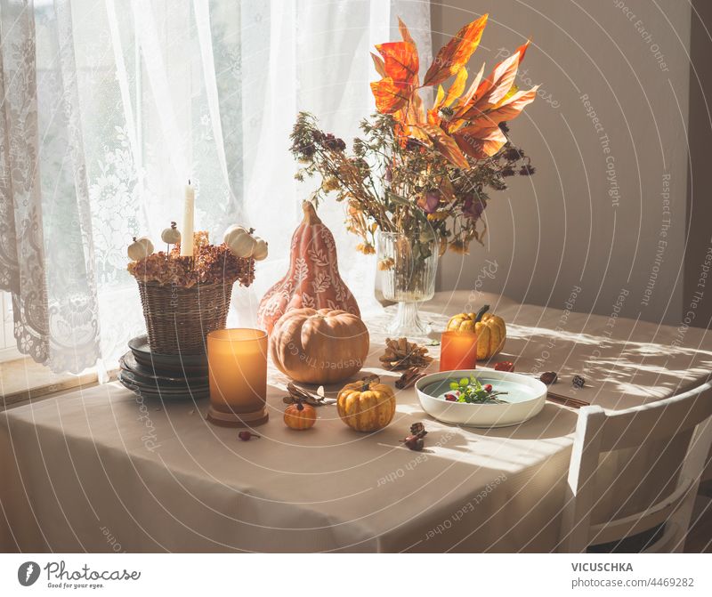 Autumnal decorated kitchen table with various pumpkins, candles, flowers and fall leaves arrangement , plate and cutlery. Morning sunlight from window. Domestic still life