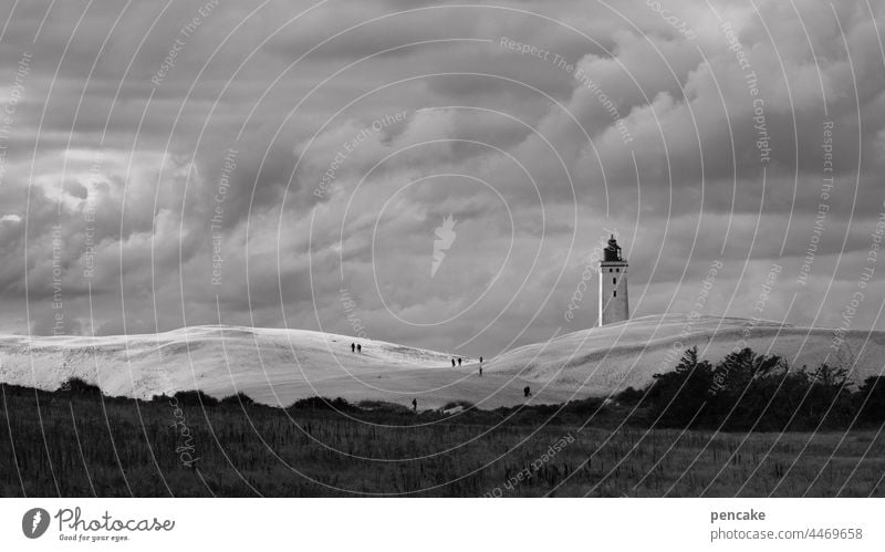 danish dramaturgy Lighthouse Clouds Landscape duene shifting dune black and white Dramatic Weather panorama Wanderdüne Rubjerg Knude coast North Sea Sand