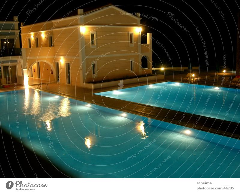 sapphire basin Hotel Swimming pool Night House (Residential Structure) Blue-yellow Architecture Lighting