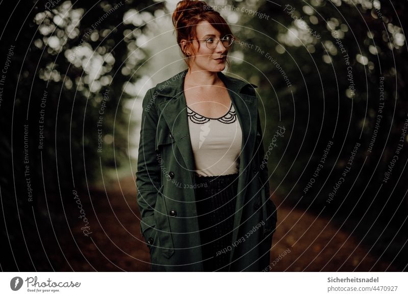 Portrait forest path portrait Woman Feminine Human being Young woman Exterior shot vintage Autumn Autumnal Dark Deep depth of field View to the side Coat