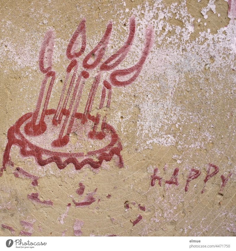 On the plastered wall you can just make out a painted cake with five burning candles and the word HAPPY in burgundy / creative / incomplete Gateau Birthday cake