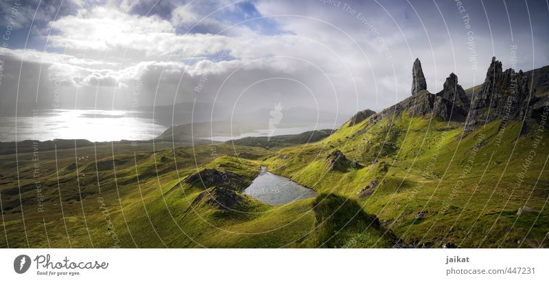 the old man and the sea Nature Landscape Earth Air Water Sky Clouds Sunlight Summer Beautiful weather Fog Grass Moss Hill Rock Coast Ocean Isle of Skye Scotland