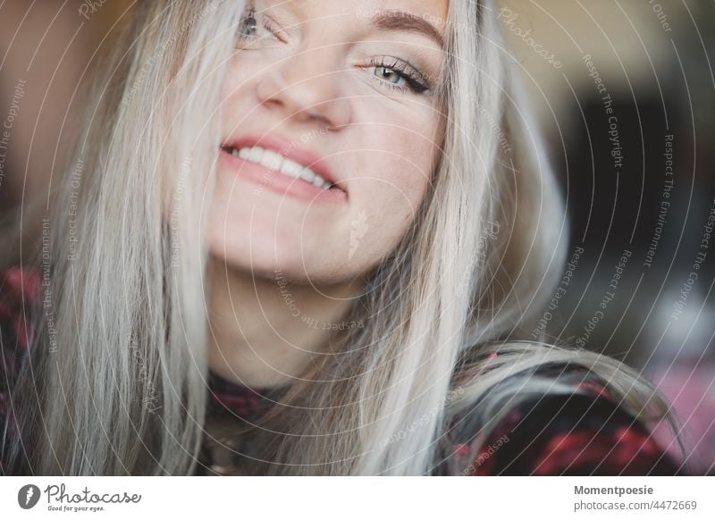 blonde woman laughs Laughter cheerful Smiling Happiness Happy fortunate happy woman Joy Contentment Woman Face Colour photo pretty Attractive contented portrait