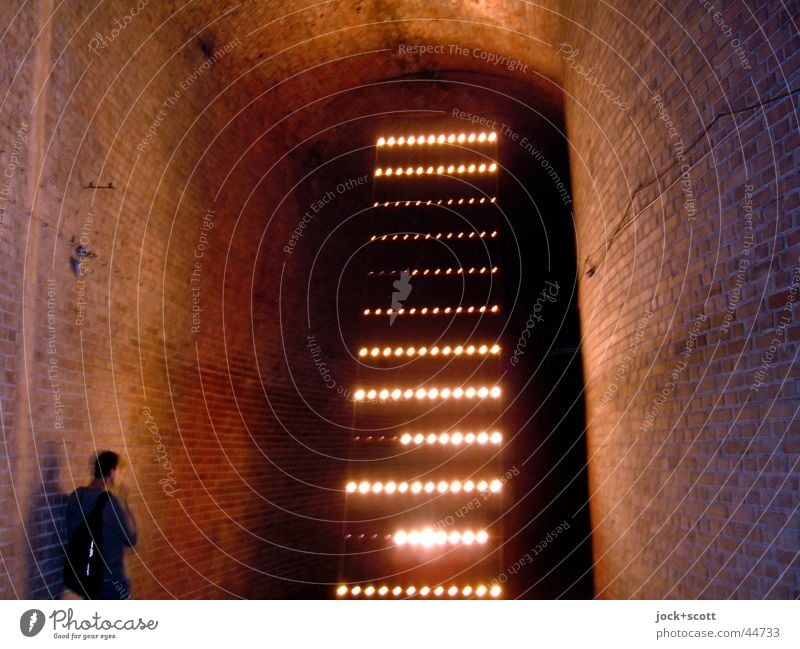Reservoir with light installation and visitors Ladder Work of art Culture Visual spectacle Wall (building) Vault Brick Stripe Dark Historic Style Flair