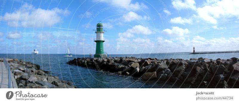 Port entrance Warnemünde Cruise Summer Ocean Clouds Beautiful weather Baltic Sea Warnemuende Harbour Lighthouse Ferry Sailboat Watercraft Maritime Horizon Idyll