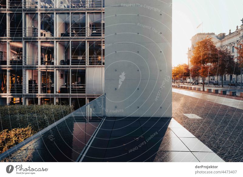 Reichstag in the morning in and Paul Löbe House autumn Downtown Berlin Sandstone Concrete Central perspective Abstract Pattern Structures and shapes Morning