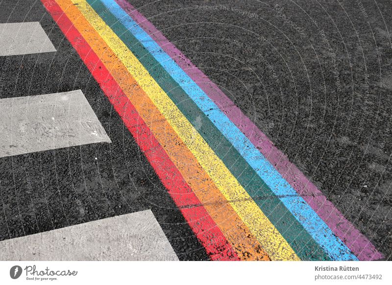 zebra crossing and rainbow Zebra crossing Rainbow variegated colored colors Prismatic colors Sign symbol symbolic Street out Transport LGBTQ gay lesbian