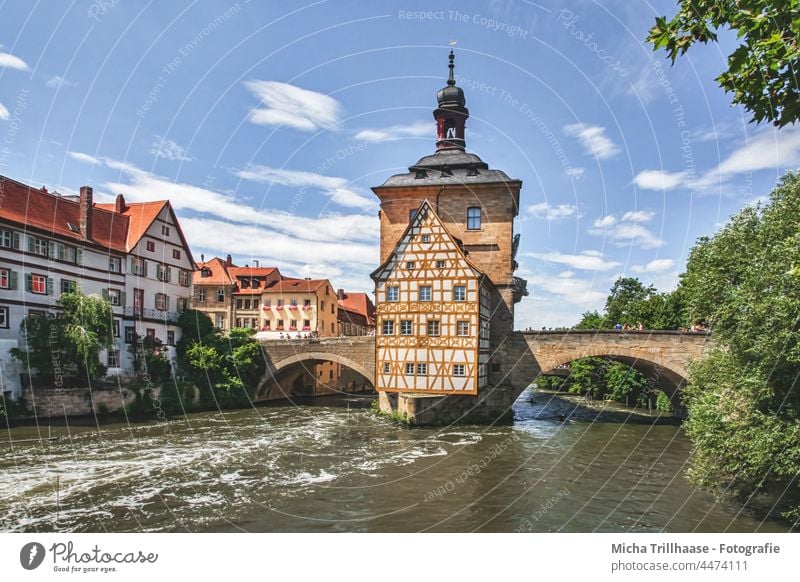 Old town hall and old town of Bamberg Bavaria Franconia Town City hall Old city hall River Water Dome spires Spires houses Building Architecture Bridge Tourism
