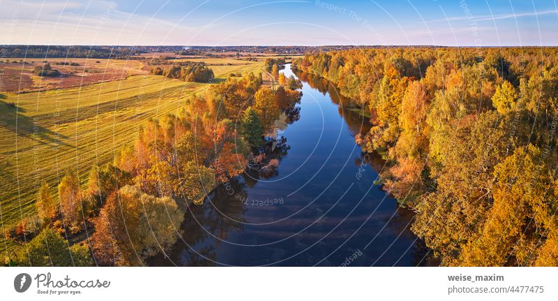 Wild forest, river, meadow sunset panorama. Idyllic autumn sunny landscape, rural aerial scene - stock photo water fall wood yellow foliage nature leaf tree