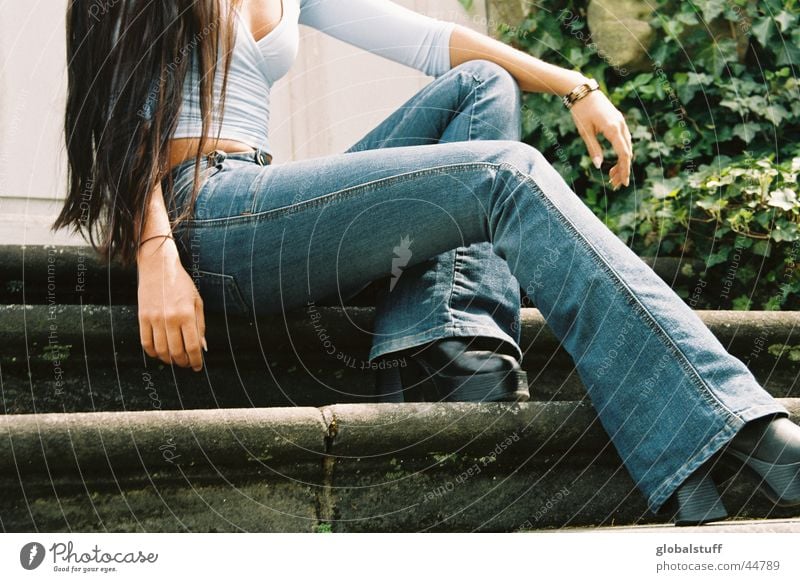 blue jeans Top Long-haired Jeans Woman Chest Legs long legs