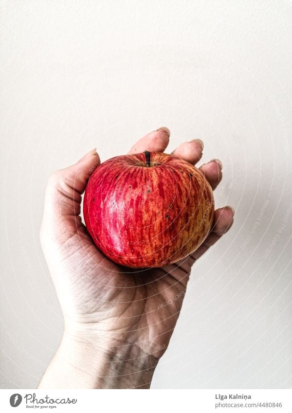 Hand holding an Apple Fruit Colour photo Food Red Nutrition Organic produce Healthy Delicious Fresh Vegetarian diet Healthy Eating Interior shot Sweet Deserted