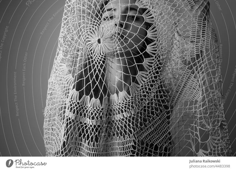 Woman under lace cloth black white portrait Black & white photo Face Looking Lascivious pretty Feminine 18 - 30 years Long-haired Looking into the camera