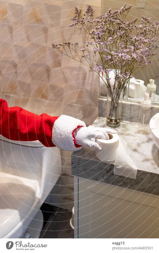 Santa Claus using toilet paper in the WC of a house bathroom christmas christmas decoration christmastime claus closeup comedian concept december dependency