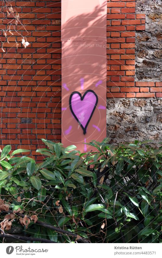 graffiti heart on the wall above a hedge Heart sweetheart Graffiti Love street art In love Romance romantic Wall (building) Wall (barrier) bricks Bricks Facade