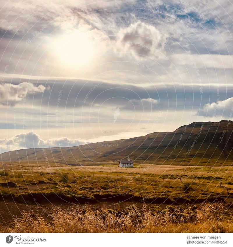 yellow sunlit land Iceland Landscape Field Church Sky Nature Exterior shot Deserted Colour photo Building Religion and faith Clouds Beautiful weather